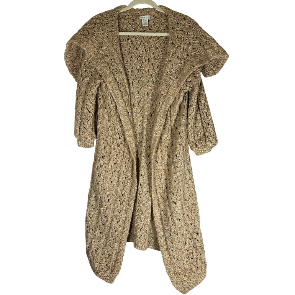 Boston Proper Sz M Shawl Collar Long Open Knit Cardigan Sweater Metallic Neutral